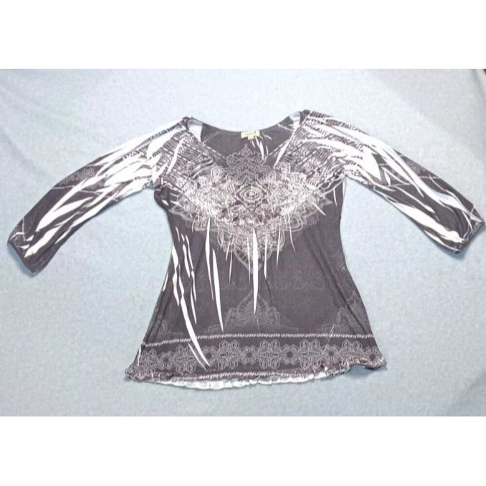 One World Y2K 3/4 Sleeve Blouse Womens Size S Black & White Mandela Distress